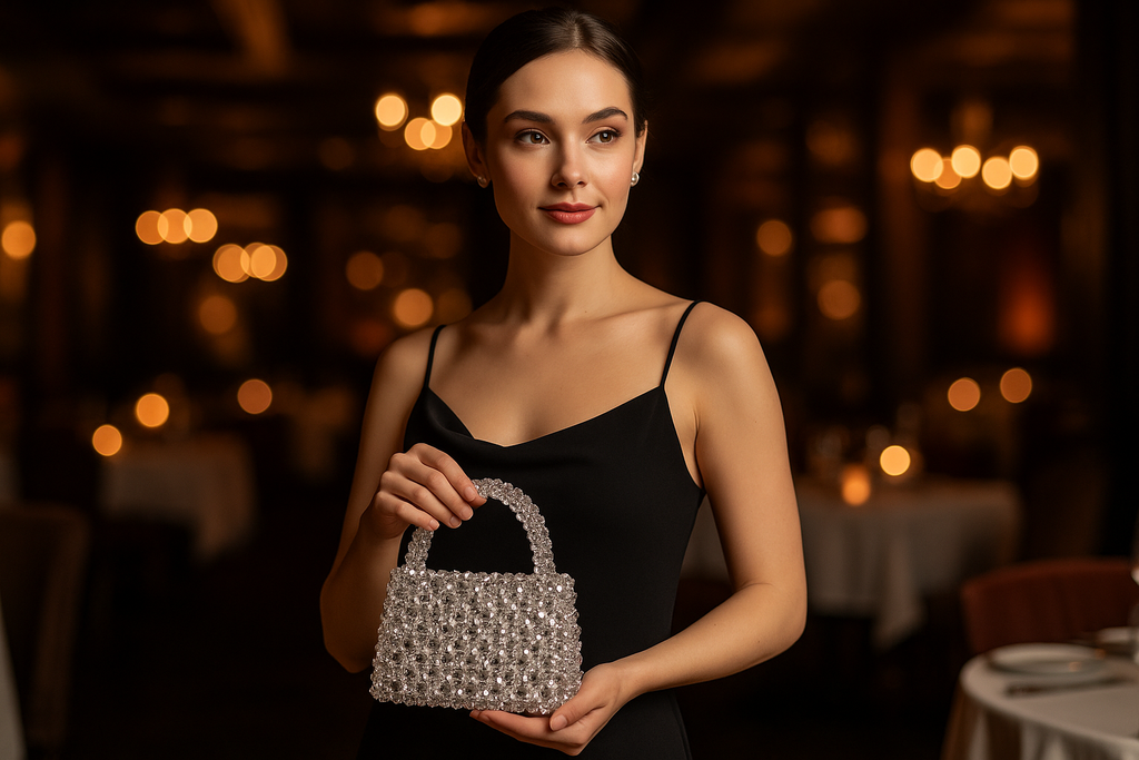 Bolsa de miçangas em look sofisticado noturno