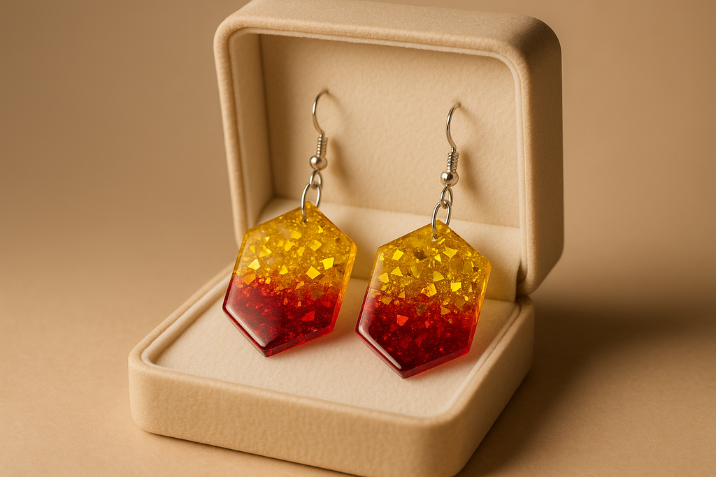 Brincos com degradê dourado e vermelho em caixa de joias