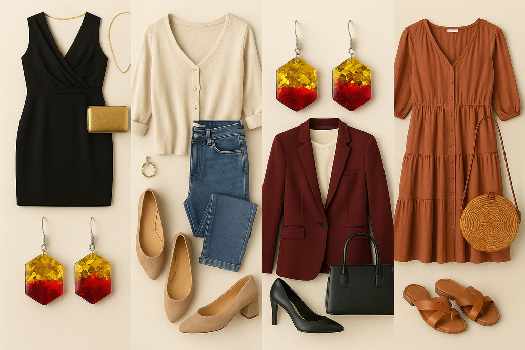 Combinações de looks para os brincos com degradê dourado e vermelho