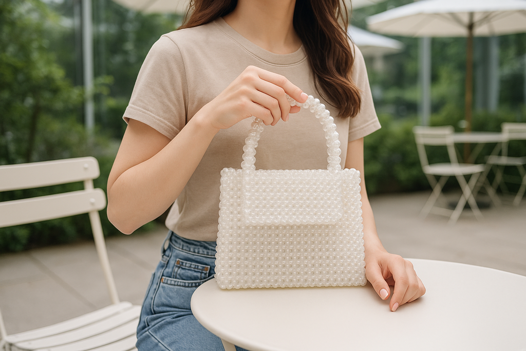 Mulher com a bolsa de miçangas em look casual