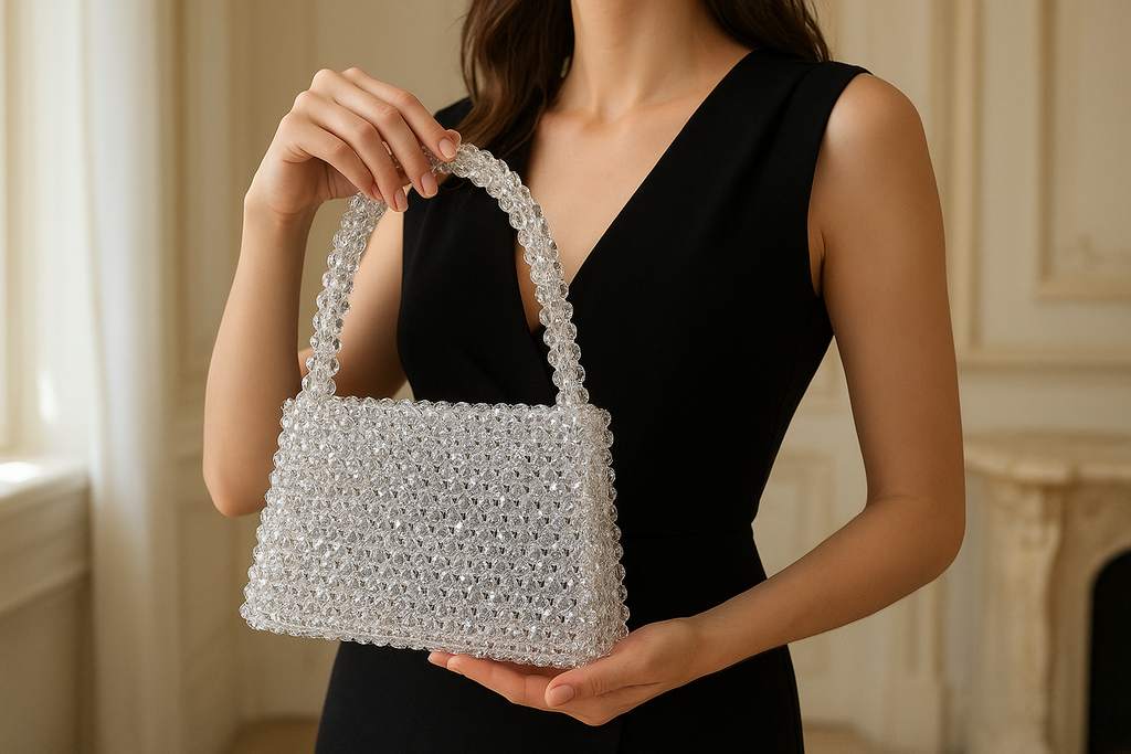 Mulher usando bolsa de miçangas transparentes elegante