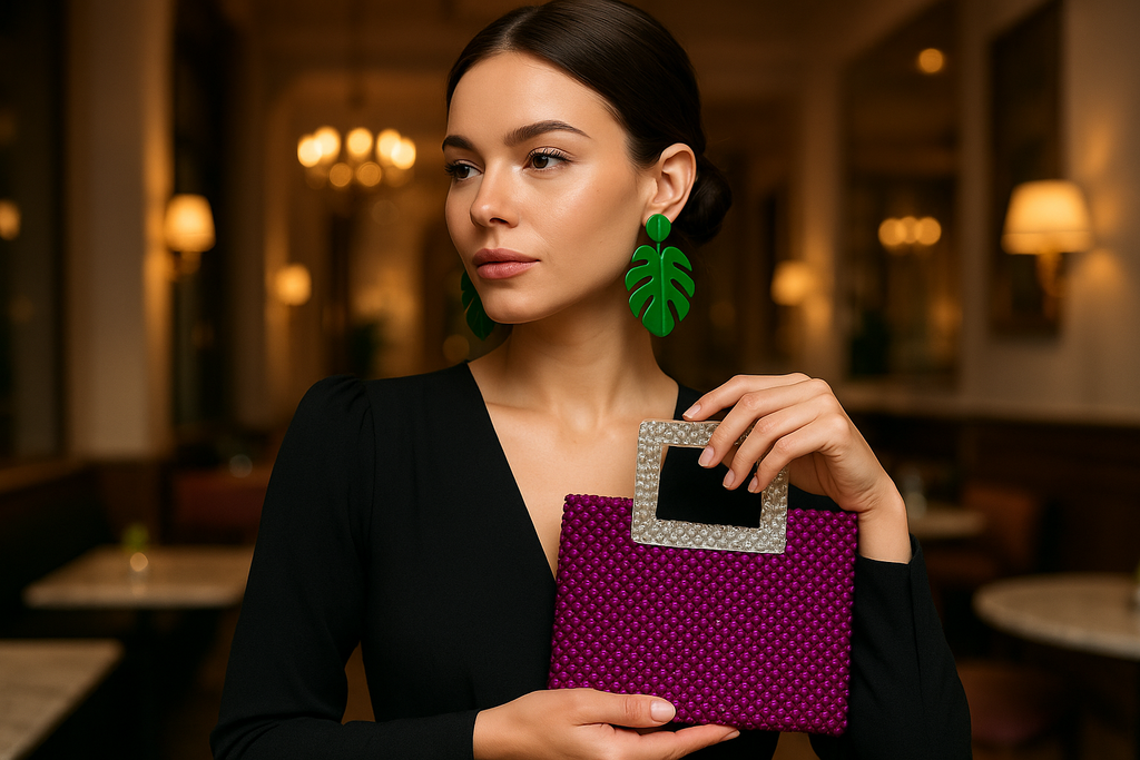 Mulher usando brincos verdes com bolsa roxa