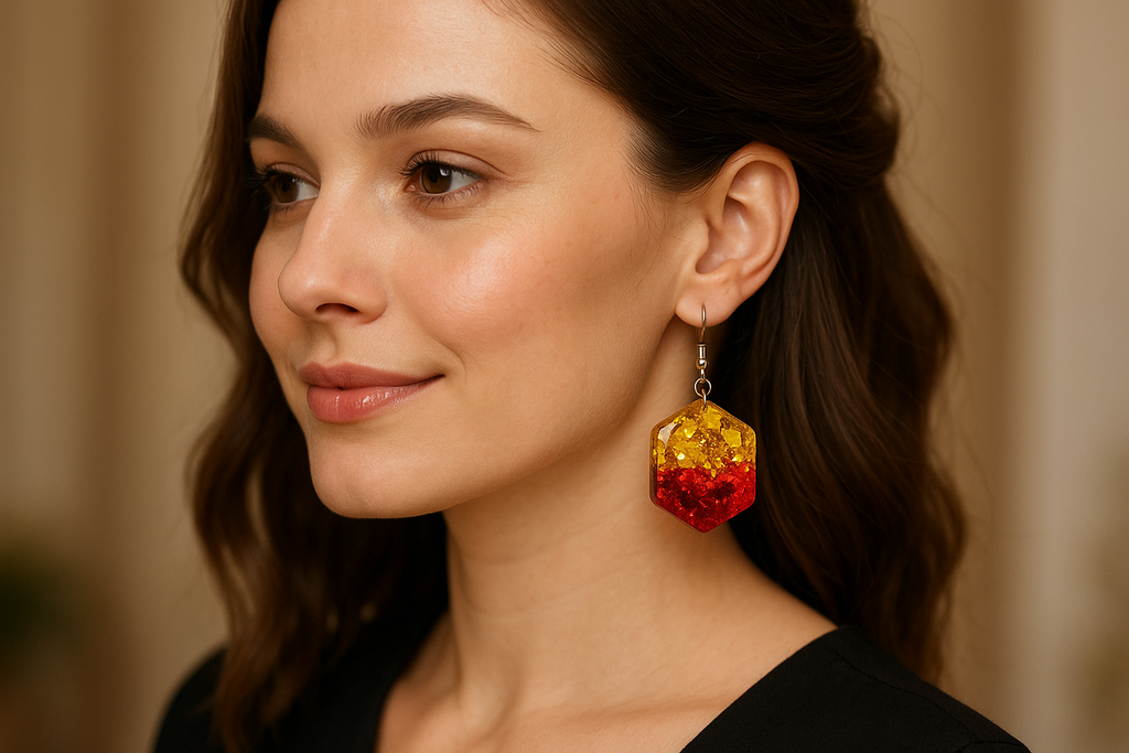 Mulher usando os brincos com degradê dourado e vermelho